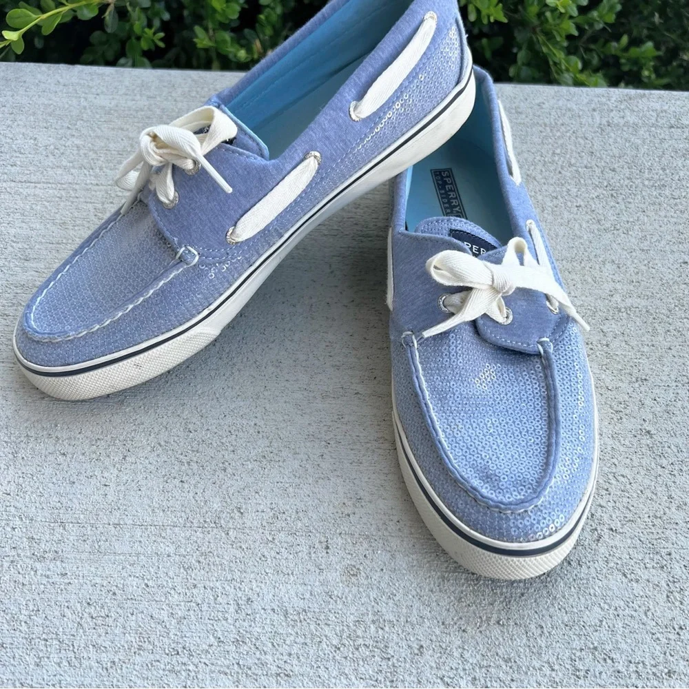 Sperry Bahama Blue Jersey Sequin Boat Shoes Women’s 10M